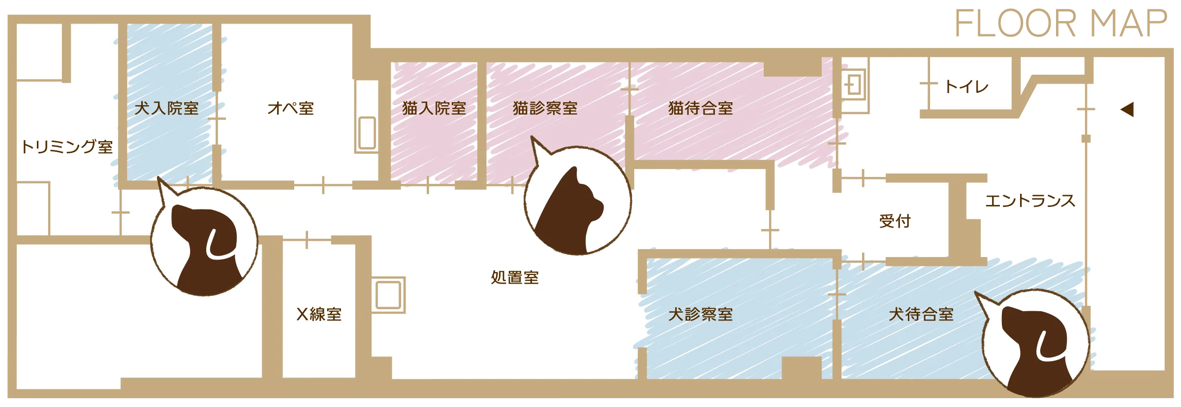 病院のフロアマップ。西側にはオペ室、X線室、犬専用の入院室・トリミング室があります。東側には受付、犬専用の待合室、診察室があります。北側には猫専用の待合室・診察室・入院室があります。南側に処置室があります。お手洗いは東側、受付を正面に見て右手側にあります。