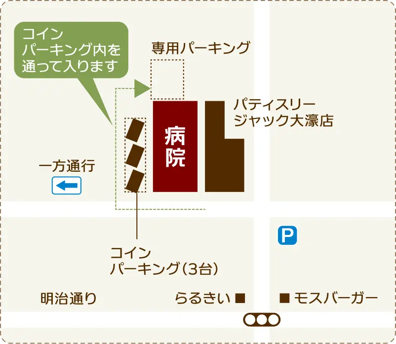 移転先の周辺を拡大した地図。病院を正面に見た場合の左手側にコインパーキングが3台分あり、コインパーキング内を通った右手側に専用パーキングがあります